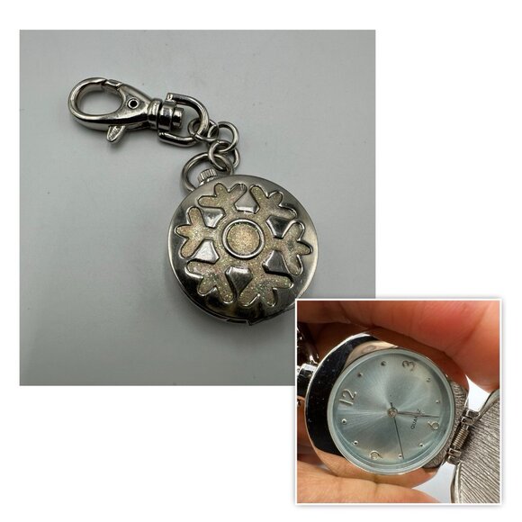 3/$30 Snowflake Clip-On Watch Keychain Bag Charm Hidden Dial Silver Tone - Picture 1 of 11